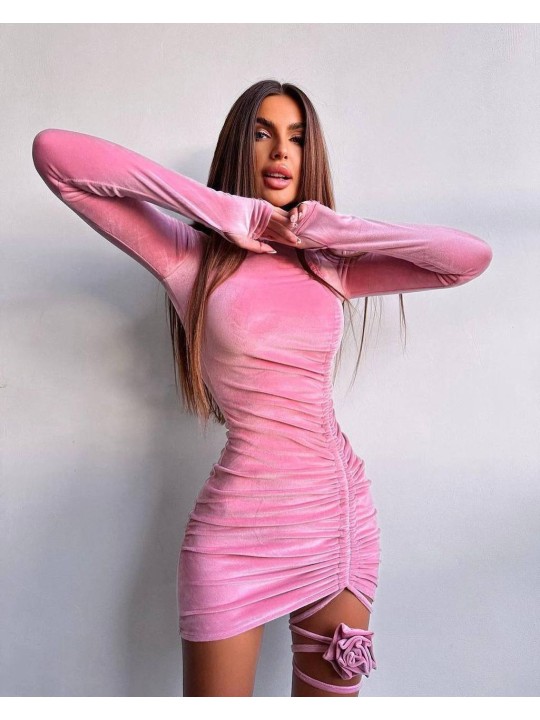 Дамска рокля с роза Kadife pink Дамска рокля с роза Kadife pink